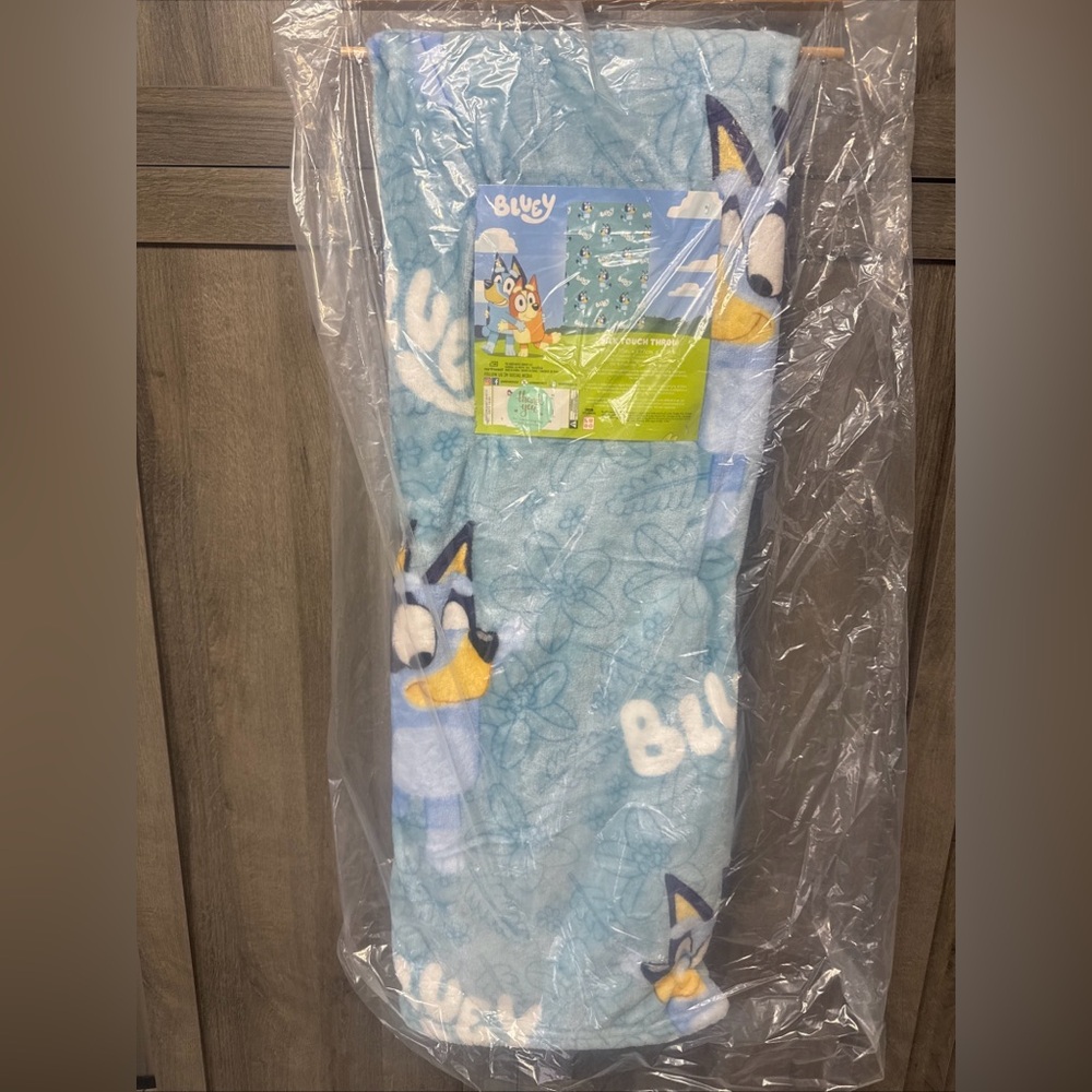 New Bluey Dancing With Name 50" x 70" Blue Plush Throw Blanket On Hanger